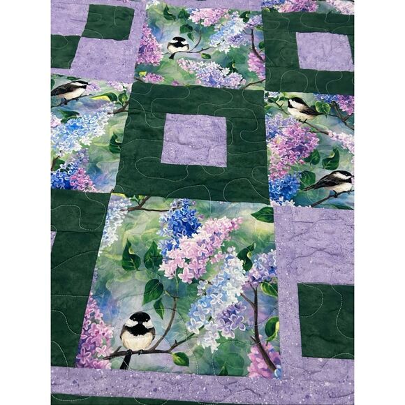 Handmade Patchwork Quilt Throw Lap Blanket 56” x 39” Lilac Chickadees - Picture 3 of 8